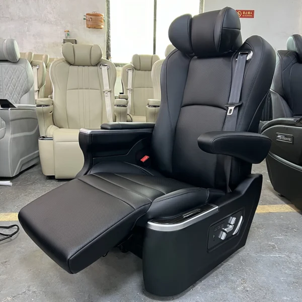 Black custom luxury car seat with extended leg rest, designed for VIP interior upgrades