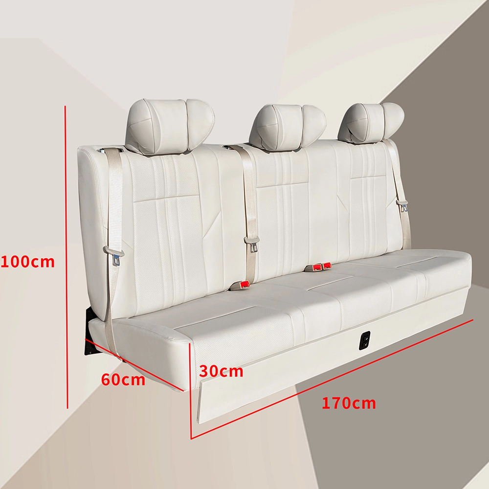 White leather three-passenger car rear seat with labeled dimensions (170cm×60cm×100cm, base height 30cm) and customizable size options