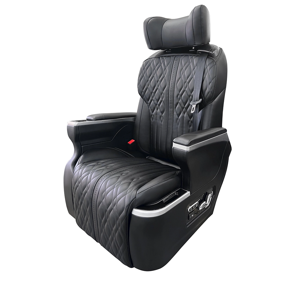 Side view of a luxury black leather captain seat SUV, featuring customizable color options and an optional integrated side table for premium conversions.