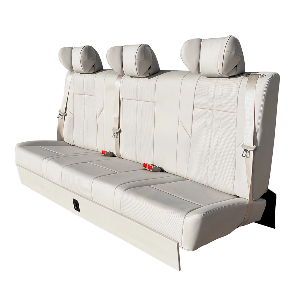 Three-passenger white leather car rear seat with customizable length for different vehicle interiors