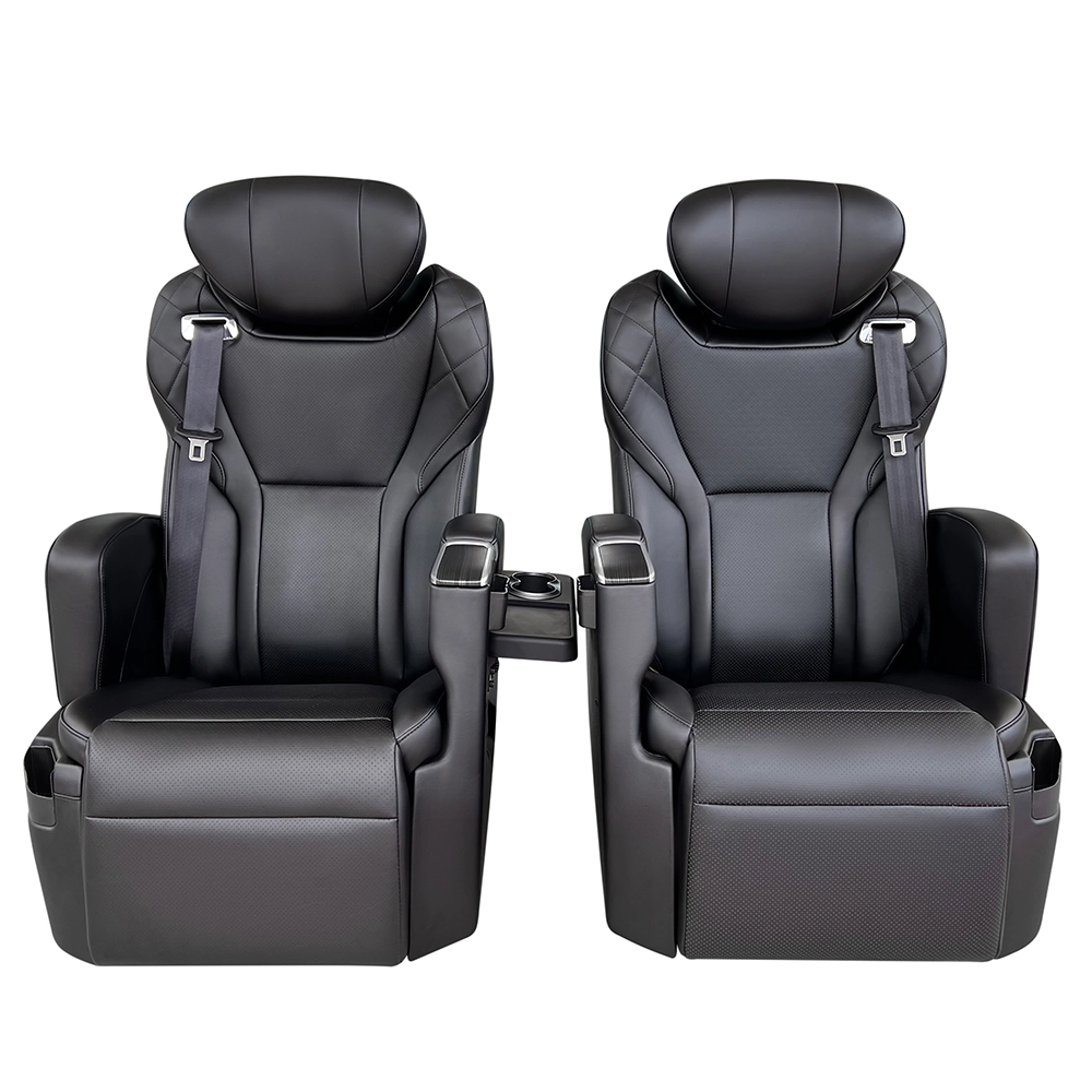 Pair of black car captain seats front view with middle cup holder console