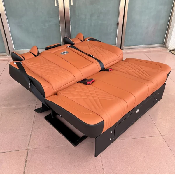 Three-passenger leather car back seat with electric backrest fully laid flat at 180 degrees