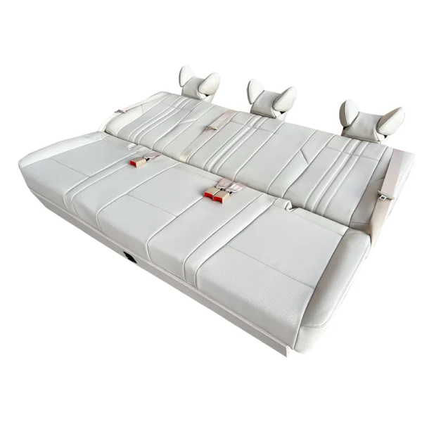 Three-passenger white leather car rear seat with electric backrest fully reclined to 180 degrees