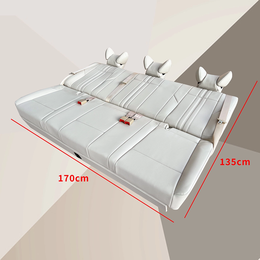 White leather car rear seat laid fully flat with labeled 170cm×135cm dimensions for installation reference