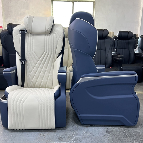 Front and side view of a luxury two-tone captain seat in car for van interiors