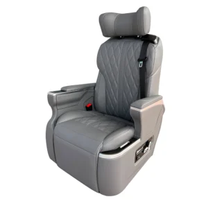 Side profile of a customizable GL Grandia captain seat featuring electric adjustment controls and premium leather upholstery.