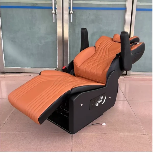Brown leather Hiace van seats in 160-degree reclined position with extended leg rest for ultimate comfort