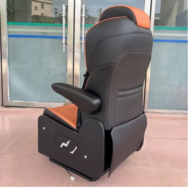 Two-tone black and orange leather Hiace Van Seats, streamlined layered backrest design with rear storage pocket and side adjustment handle