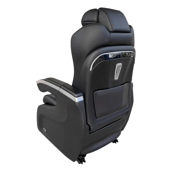 Rear view of a black hyundai stargazer captain seat showing the sleek backrest design with chrome accents and a storage pocket.