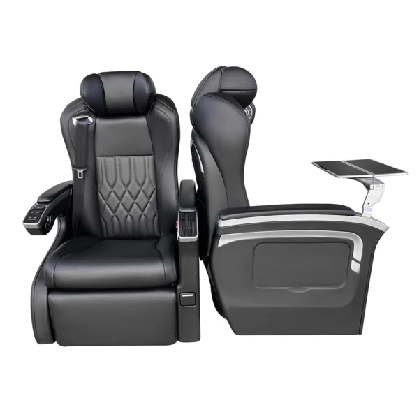Comprehensive view of a black hyundai stargazer captain seat from the front and side, showing the ergonomic backrest and integrated table.