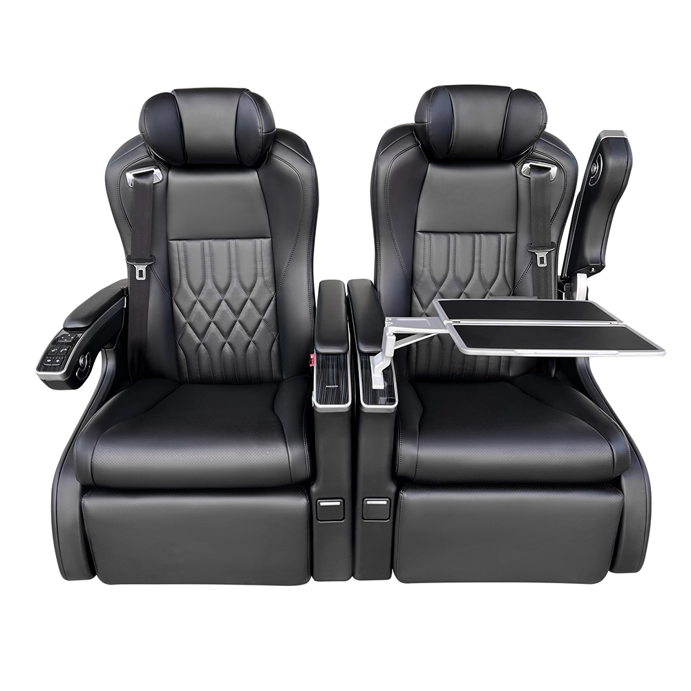 Front view of black hyundai stargazer captain seat featuring a retractable metal foldable table and adjustable armrests.