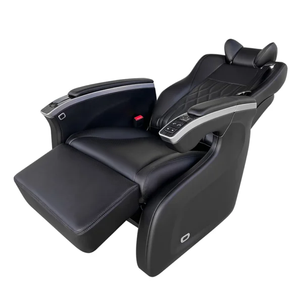 A black hyundai stargazer captain seat fully reclined to 160 degrees with an extended leg rest for maximum comfort.