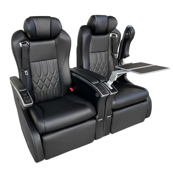 A pair of black leather hyundai stargazer captain seat featuring a foldable tray table and adjustable folding armrests.