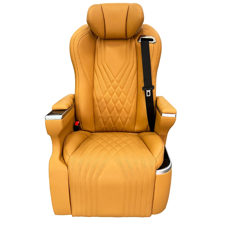 Frontal perspective of an Innova captain seat in premium orange leather, featuring an adjustable headrest and integrated three-point safety belt.
