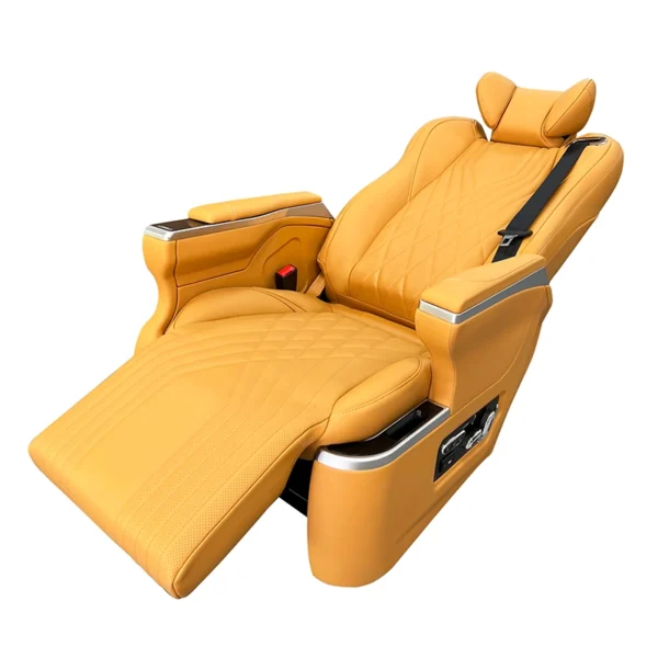 A fully reclined Innova captain seat in orange leather, featuring an extended electric leg rest for maximum relaxation.