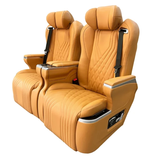 A pair of Innova captain seats for MPV middle row, featuring tan leather, diamond stitching, and electric controls.