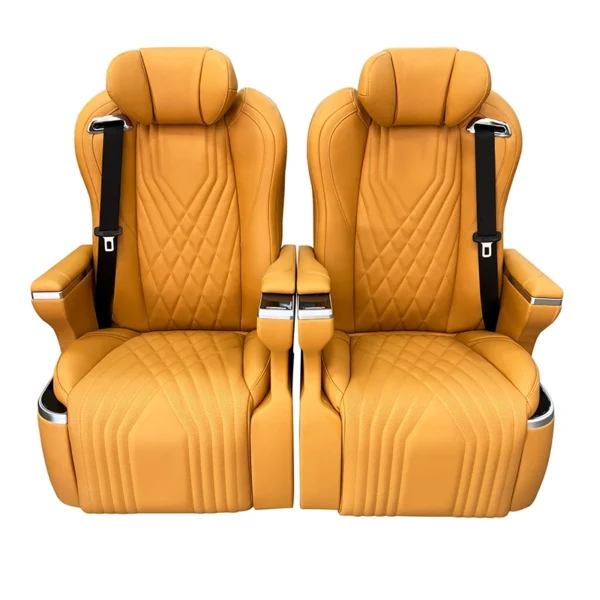 Front view of a pair of Innova captain seats featuring premium orange leather and an elegant diamond-patterned stitching design.