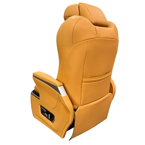 Rear perspective of an Innova captain seat in orange leather, featuring a built-in storage pocket and sleek backrest design.