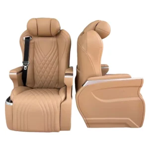 Front and side view of premium Kia Carnival captain seats featuring luxury leather and customizable color options for van interior upgrades.