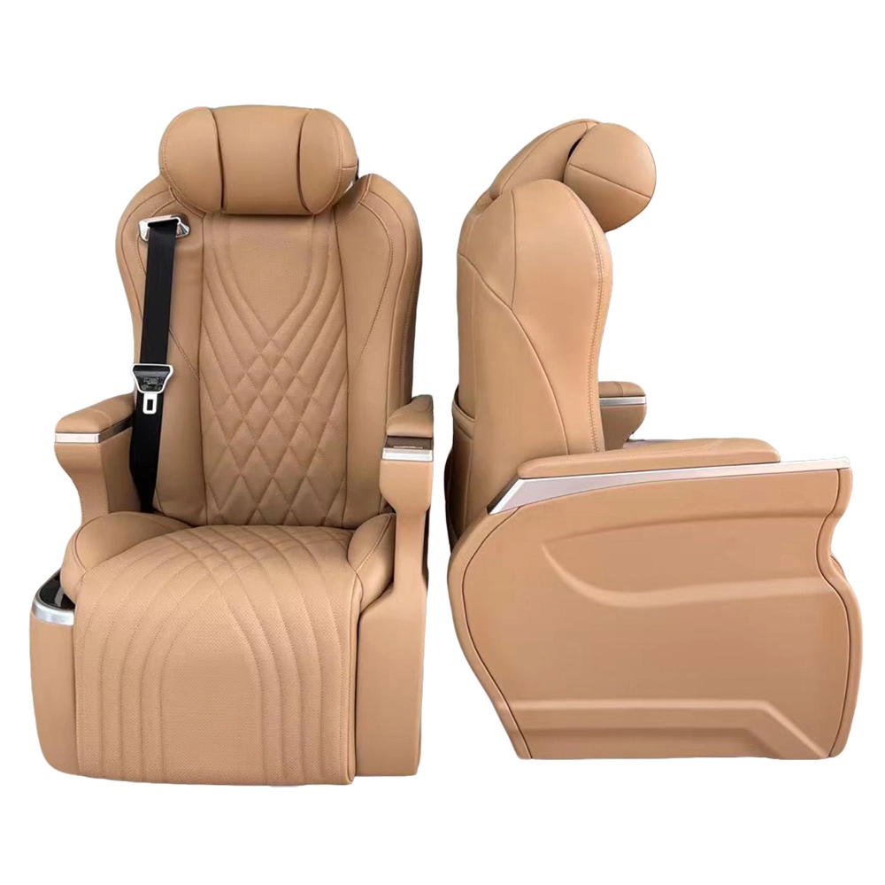 Front and side view of premium Kia Carnival captain seats featuring luxury leather and customizable color options for van interior upgrades.