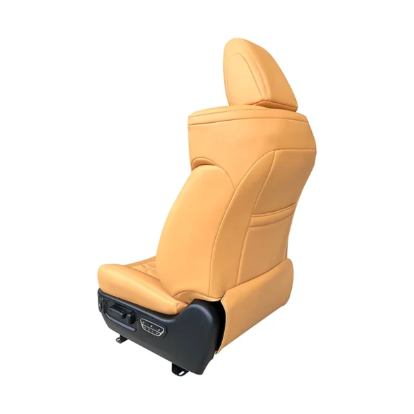 Side view of leather driver seat showing stylish ergonomic backrest design