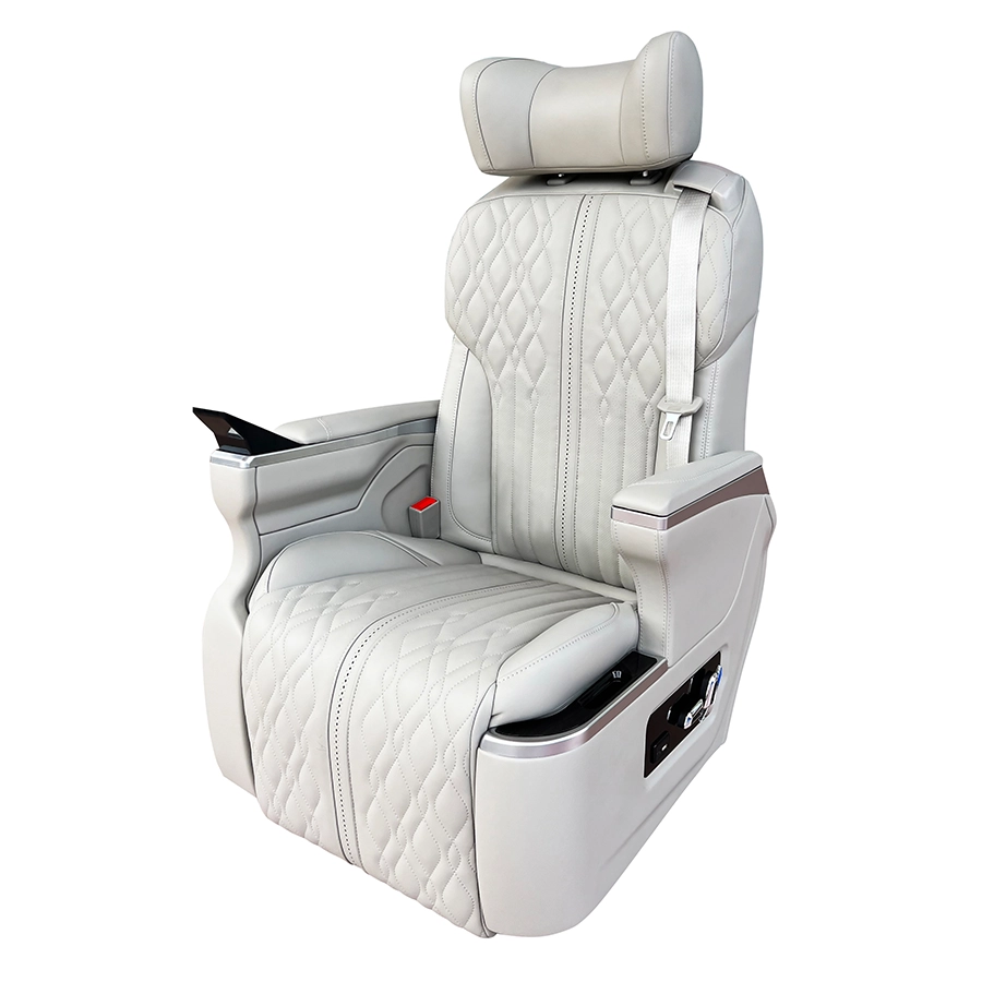 Light leather mercedes v class captain seats side shot, built-in fixed touch control screen on armrest