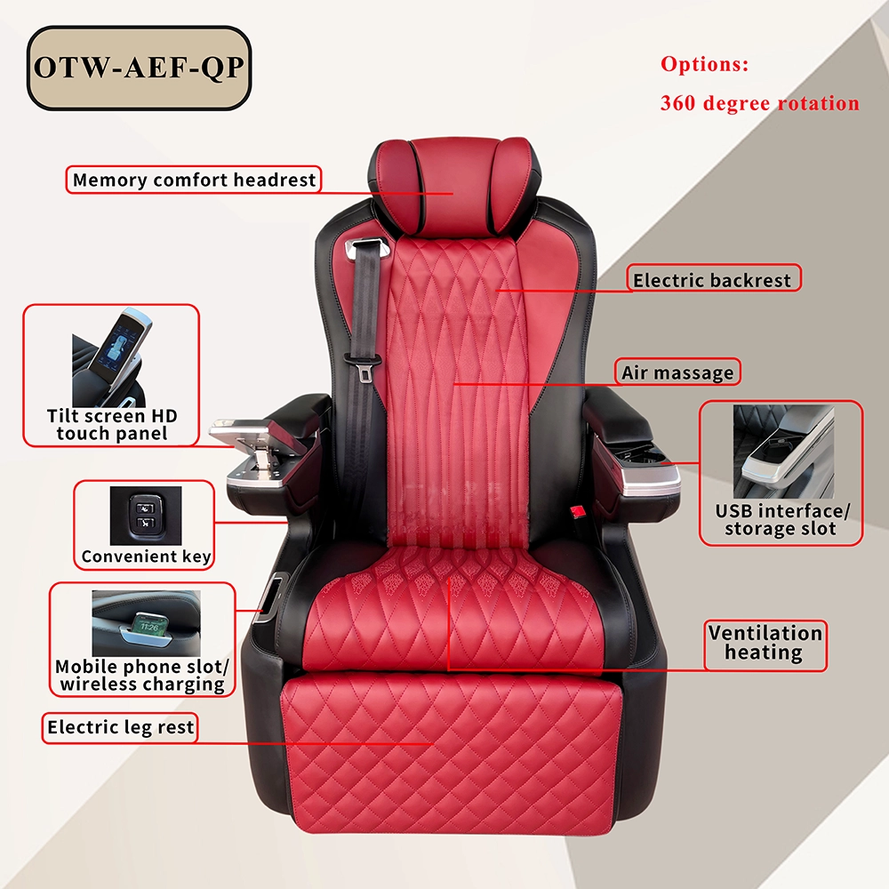 Red luxury limousine car seat with multi-functional features labeled display