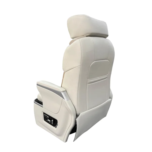 Rear view of a luxurious car seat showing premium leather finish and structure