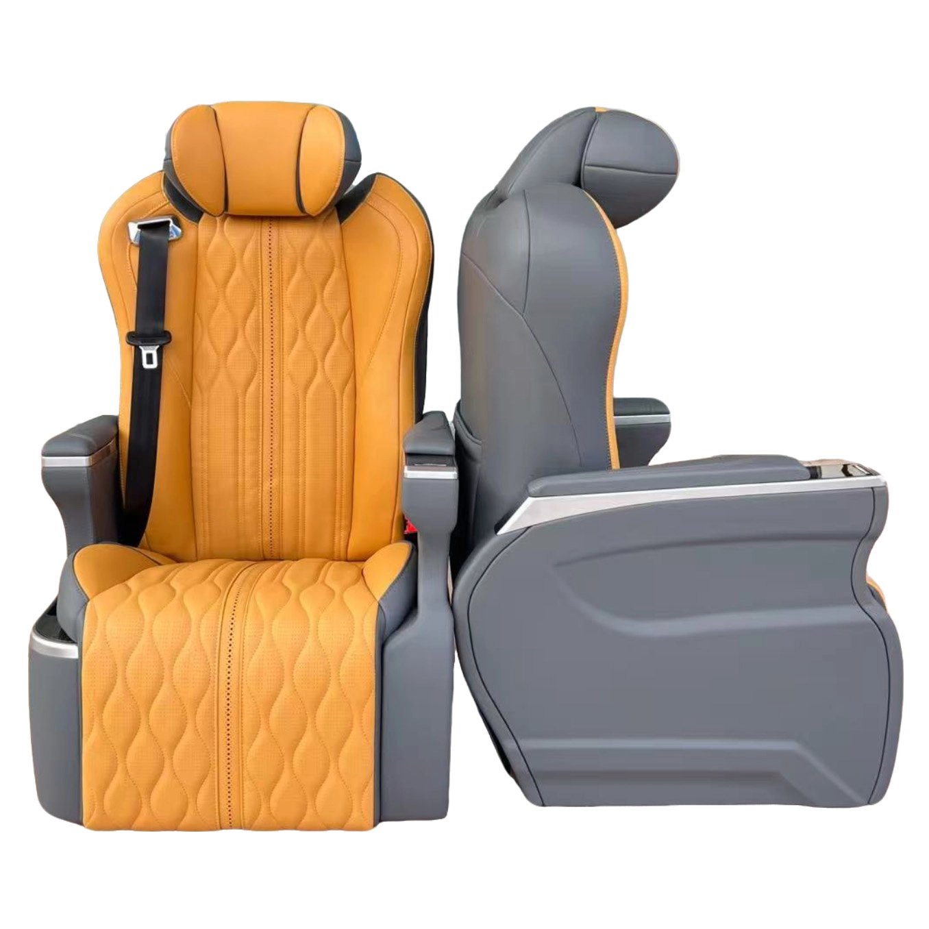 Front and side view of luxury auto seats featuring a premium orange and grey two-tone leather design for high-end vehicle interior customization.