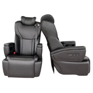 Two black leather van captain seats showing front and side views for luxury van installation