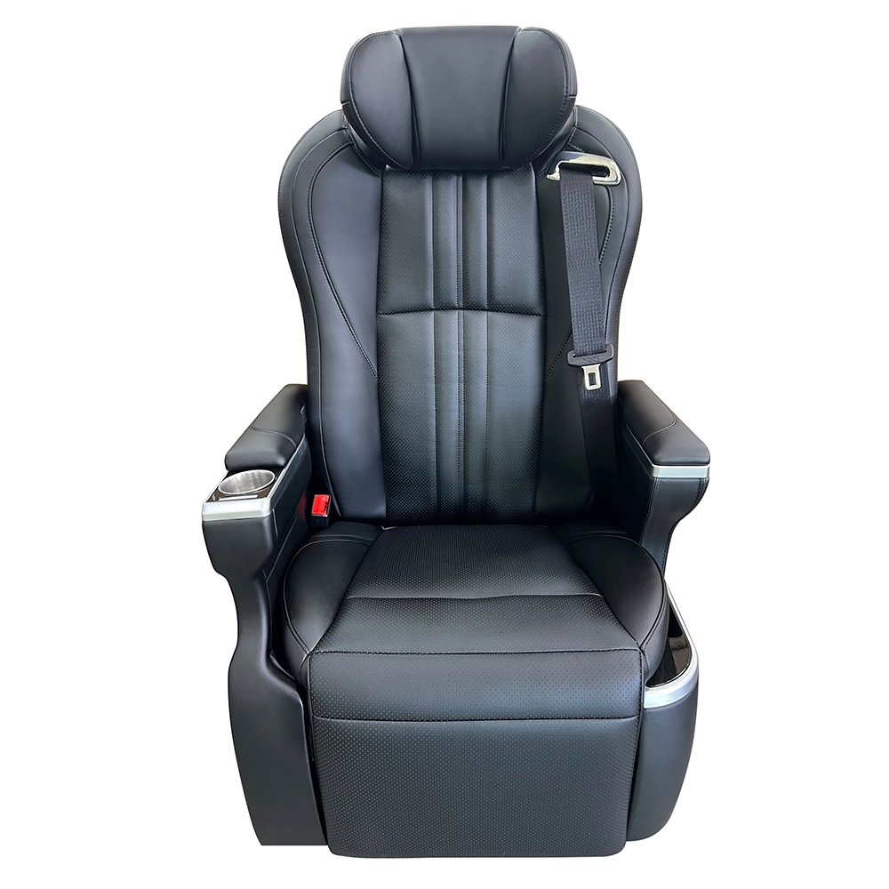 Front view of a luxury captain seat Hiace, featuring a built-in cup holder, premium black leather, and integrated seatbelt for van interiors.