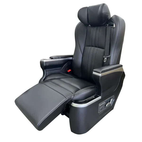 Side view of a luxury captain seat Hiace featuring an extended leg rest and premium leather upholstery for VIP van conversion.