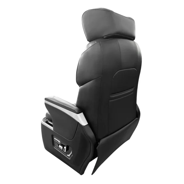 Rear view of a luxury black leather captain seat SUV, showcasing the ergonomic backrest design and integrated electric control panel.
