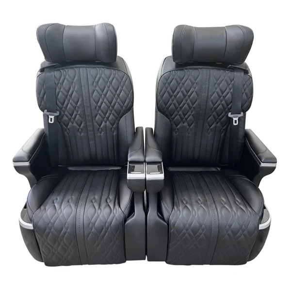 A pair of premium captain seat SUV upgrades featuring black diamond-stitched leather for high-end vehicle interiors.