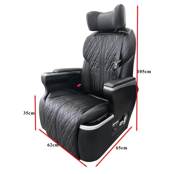 Technical dimension diagram of a luxury captain seat SUV, showing height, width, and depth measurements for vehicle interior installation.