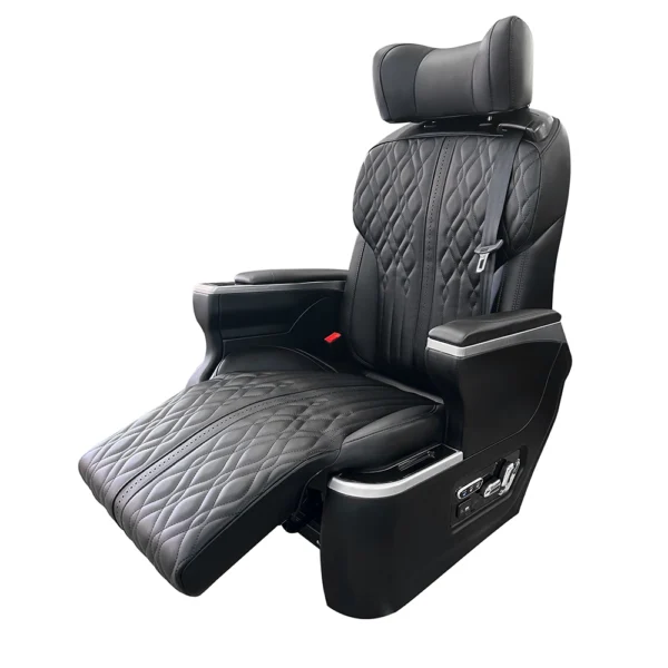 Luxury black leather captain seat SUV featuring an extended electric leg rest for superior passenger comfort.
