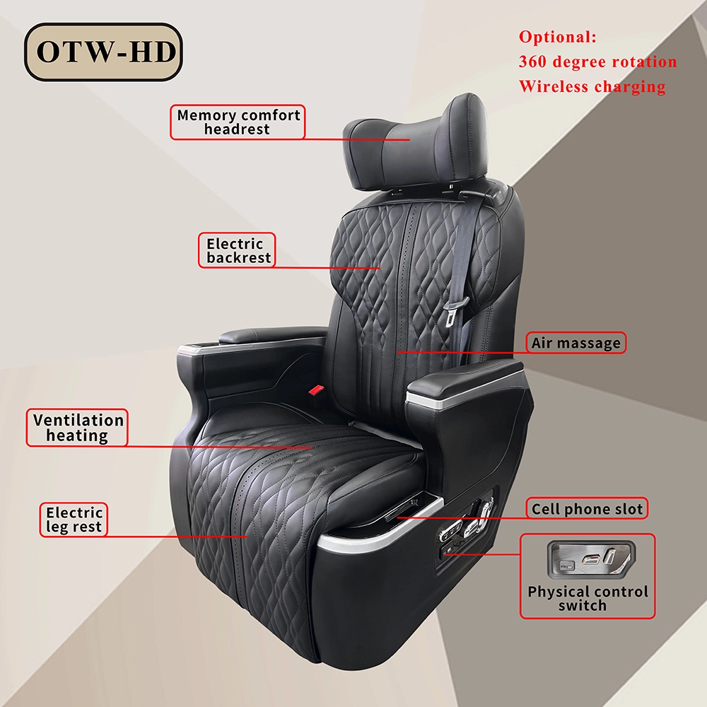 A detailed infographic of a luxury captain seat SUV, highlighting features like air massage, ventilation, heating, electric leg rest, and memory headrest.