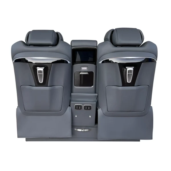 Gray leather luxury car back seat rear view, exquisite backrest design with screen, control buttons and storage bags