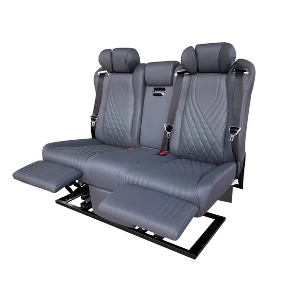 Gray leather luxury car back seat equipped with split electric leg rests that work independently