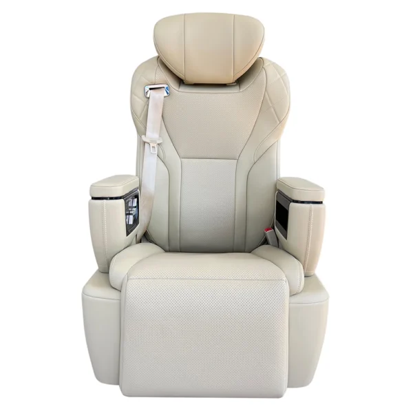 Luxury car seat design in beige leather featuring a 360-degree rotating base for versatile cabin layouts.