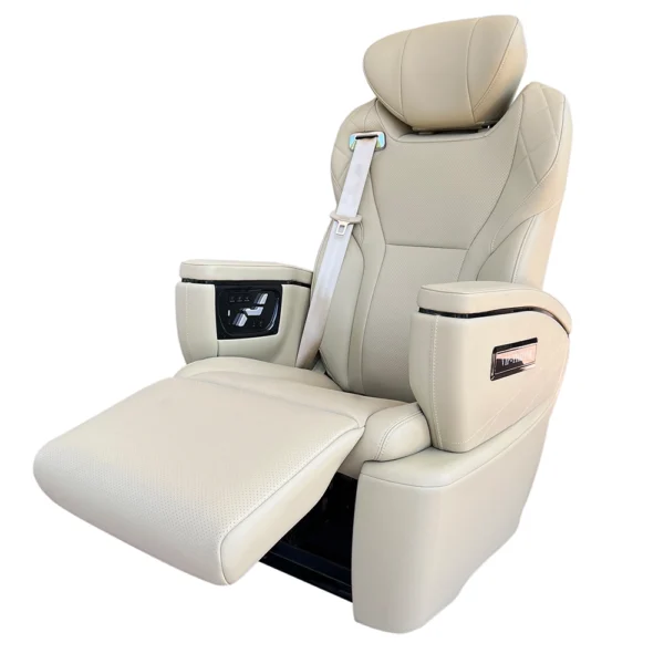 Luxury car seat design featuring an adjustable electric leg rest for enhanced passenger comfort.