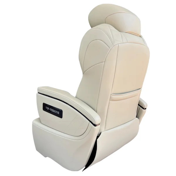 Luxury car seat design rear view showing premium beige upholstery and integrated backrest storage.