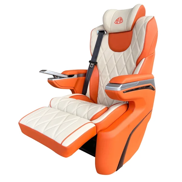 Close-up of a luxury car seat featuring an extended electric leg rest for enhanced passenger comfort.