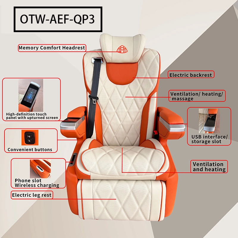 Detailed features of a luxury car seat including electric leg rest, massage functions, and wireless charging.