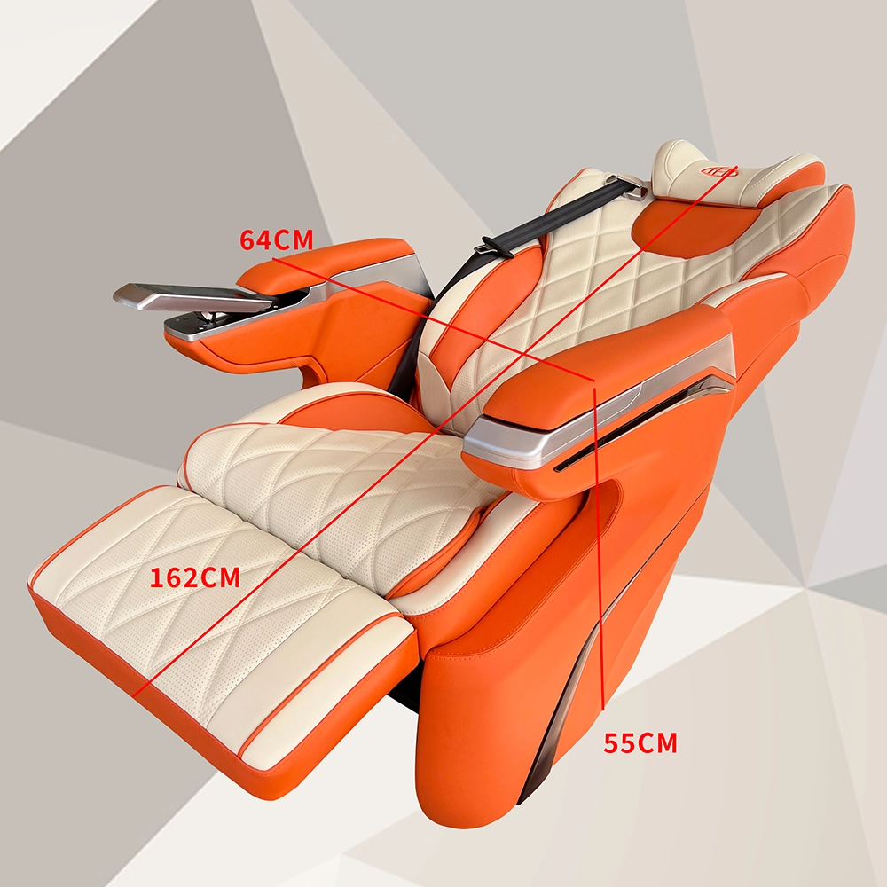 Dimensions of a luxury car seat in full recline mode, showing 162cm total length and 64cm width.