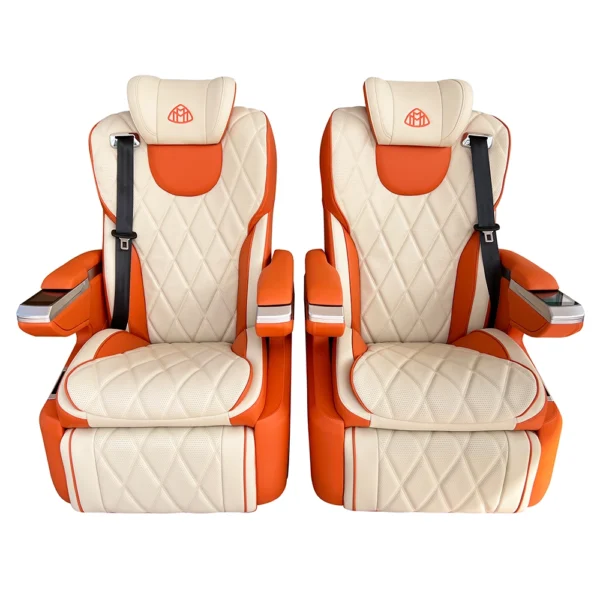 Front view of a pair of luxury car seats in orange and white leather, ideal for VIP van middle row seating.