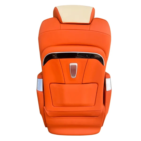 Back view of a luxury car seat featuring smooth orange leather and high-quality trim for van interiors.