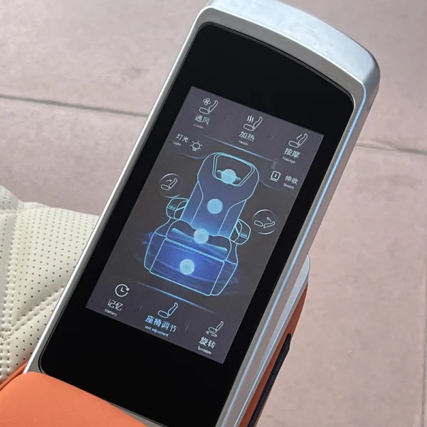 High-definition touch screen panel on a luxury car seat for controlling massage, heating, and ventilation.