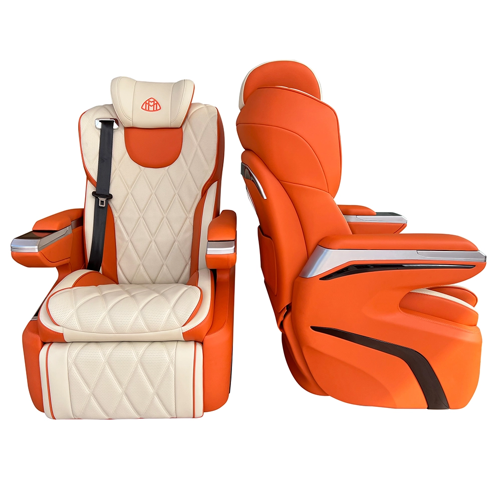 Front and side view of a luxury car seat with orange and white diamond-stitched leather for van conversion.