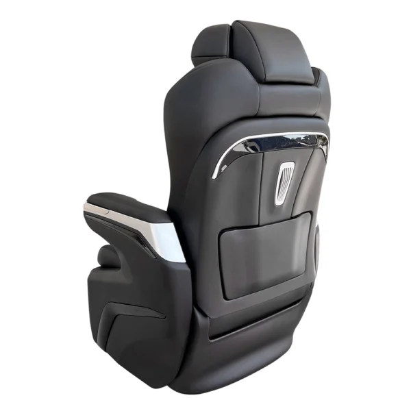The back view of a black leather luxury car seat featuring a refined design and premium finish.